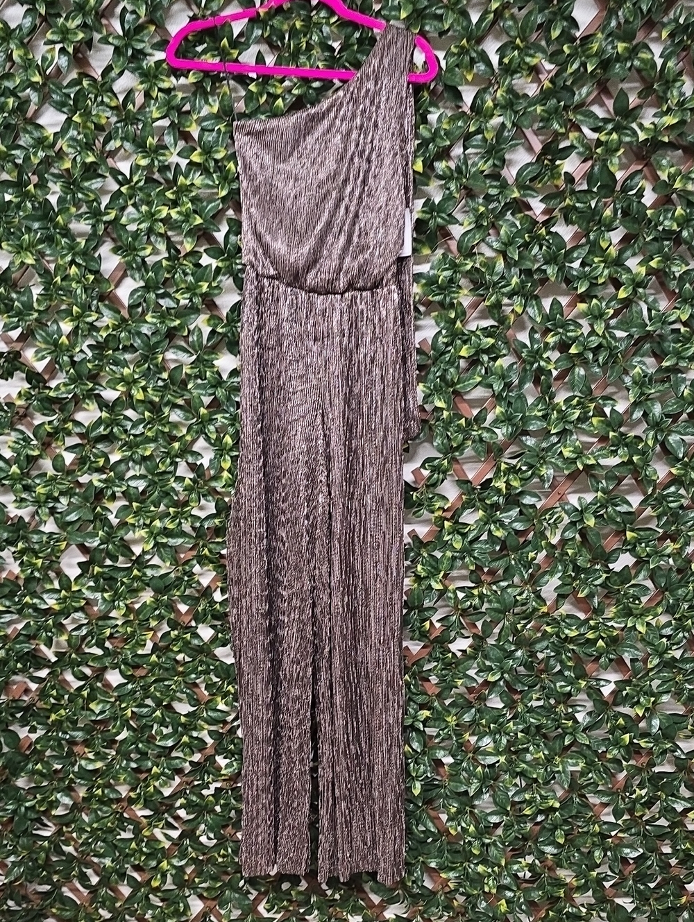 1. State Metallic One-Shoulder Pleated Maxi Dress in Bronze